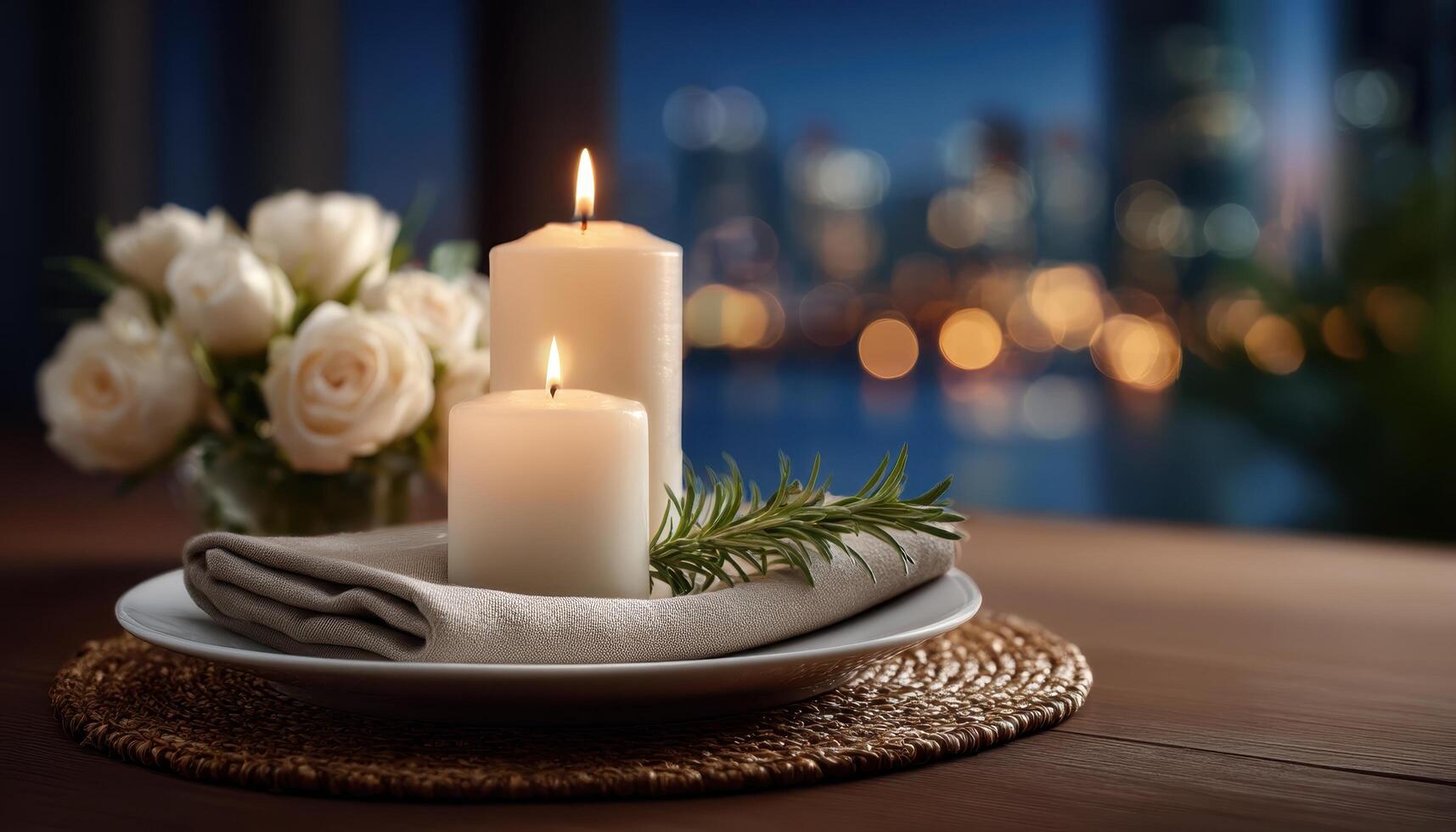 Romantic dinner setting with candles and flowers modern style cozy ambiance evening view photo
