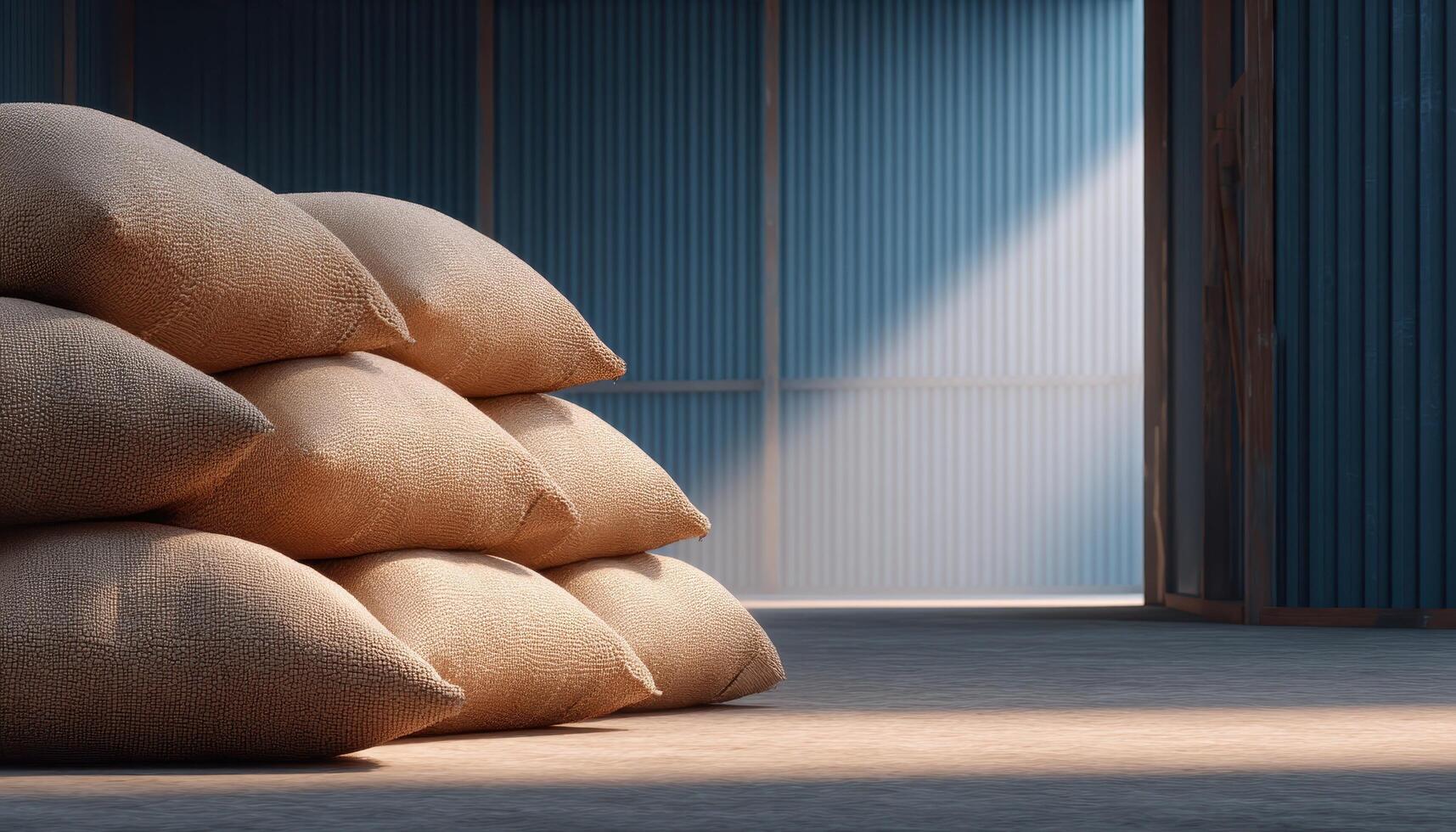 Aesthetic rice warehouse with soft sunlight clean colors interior calm atmosphere perspective photo