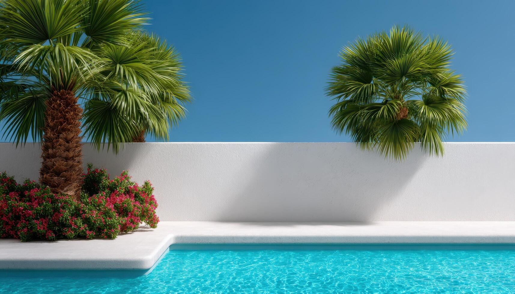 Tranquil poolside retreat with tropical palm trees and minimal decor serene environment photo
