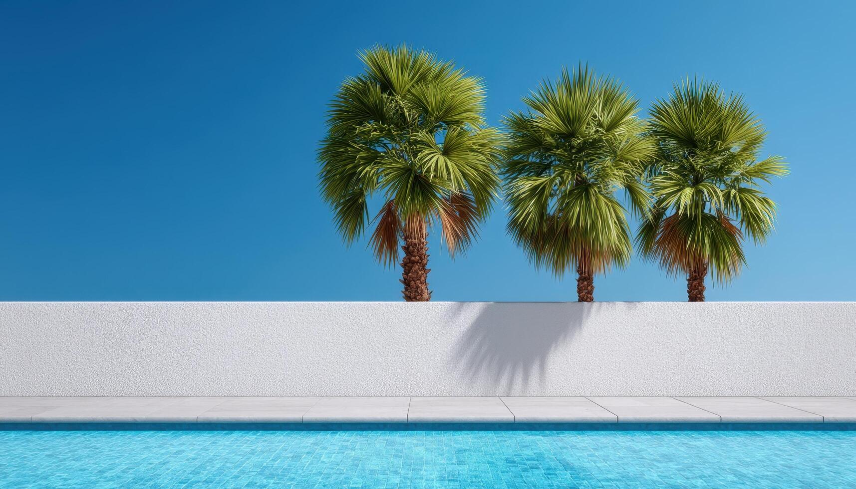 Tranquil poolside oasis with tropical palms sunny day minimalist decor serene vibes photo