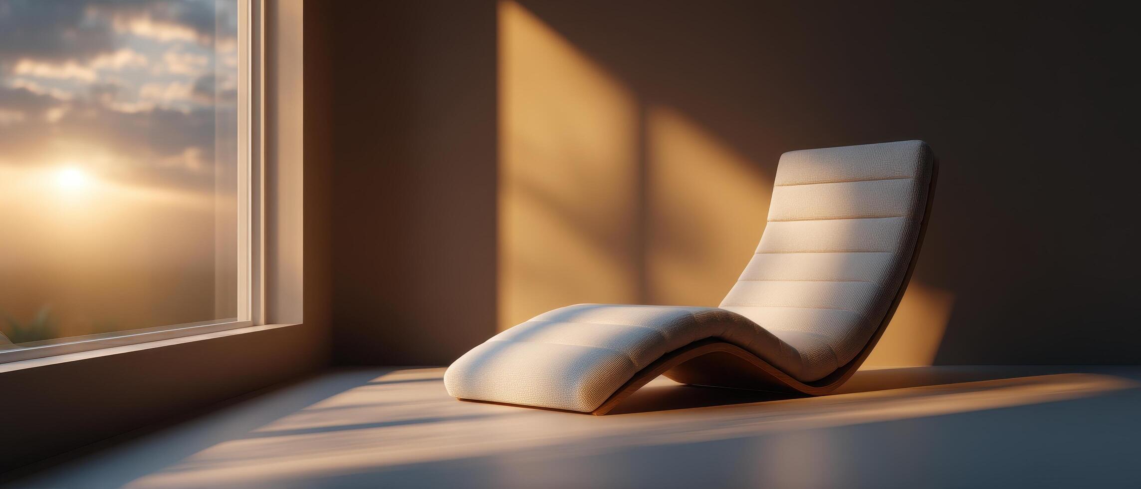 Minimalist lounge chair bathed in warm sunlight cozy interior tranquil atmosphere photo