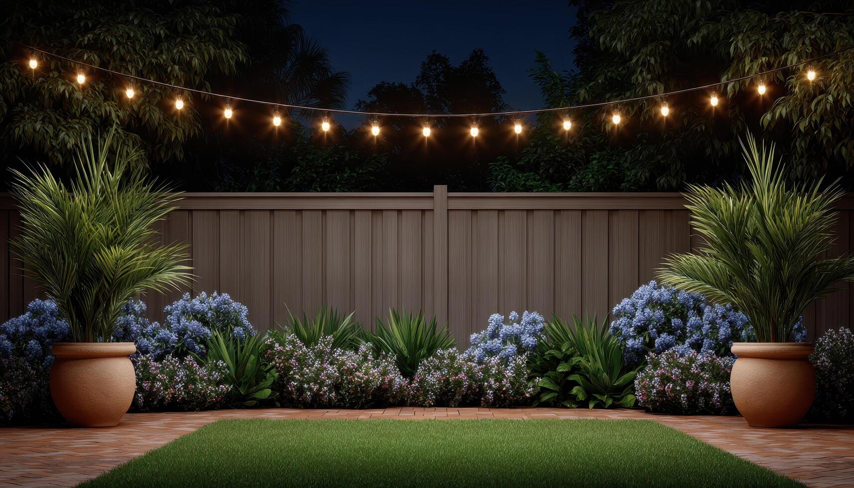 Stylish backyard garden with glowing lights outdoor nighttime tranquil aesthetic view photo