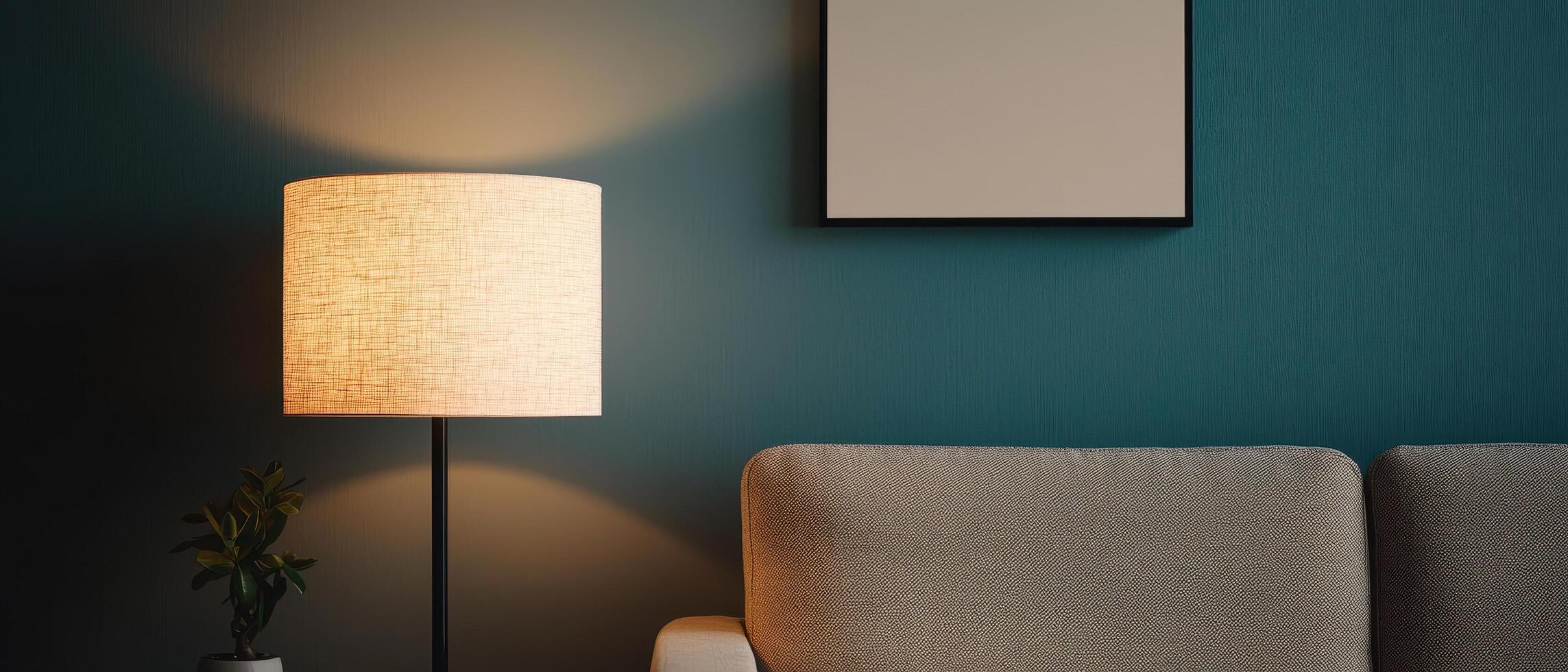 Cozy reading corner with warm lamp and soft blanket in modern living room photo