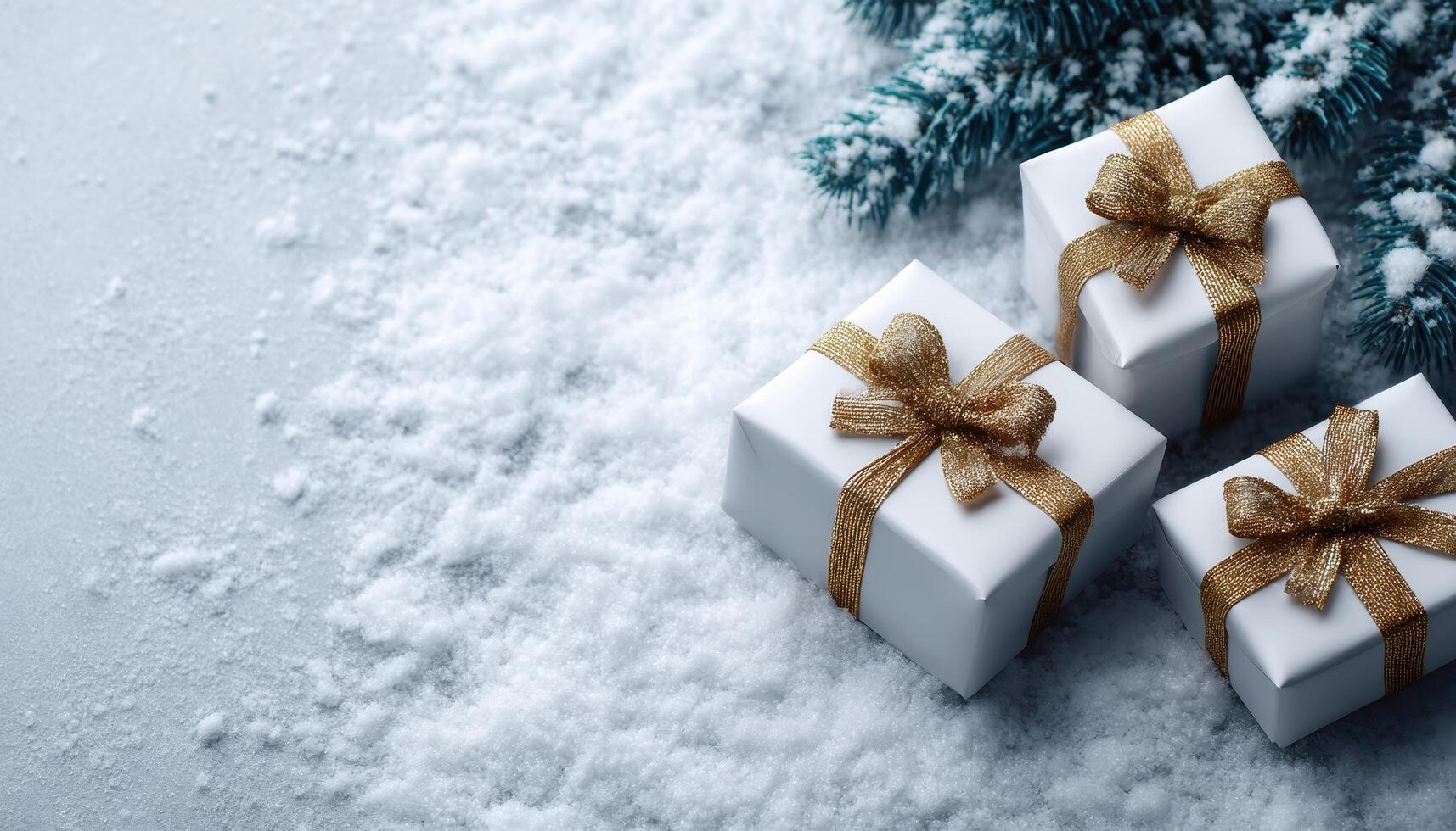 Minimalist gift boxes in snowy setting for boxing day serene winter wonderland atmosphere photo