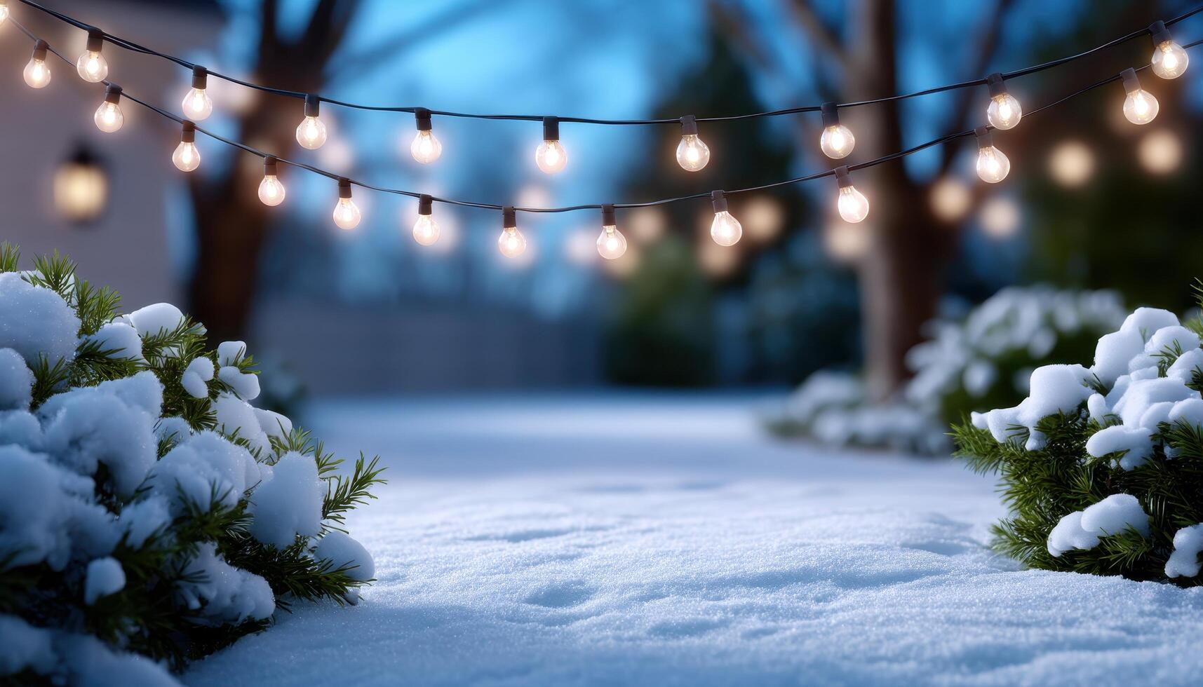 Enchanting snowy christmas garden with glowing string lights winter wonderland peaceful setting photo