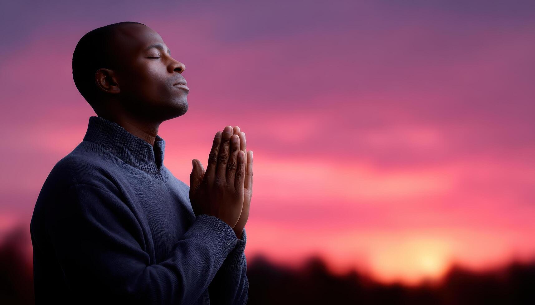 Person praying at sunrise outdoor landscape silhouette image serene environment inspirational concept photo