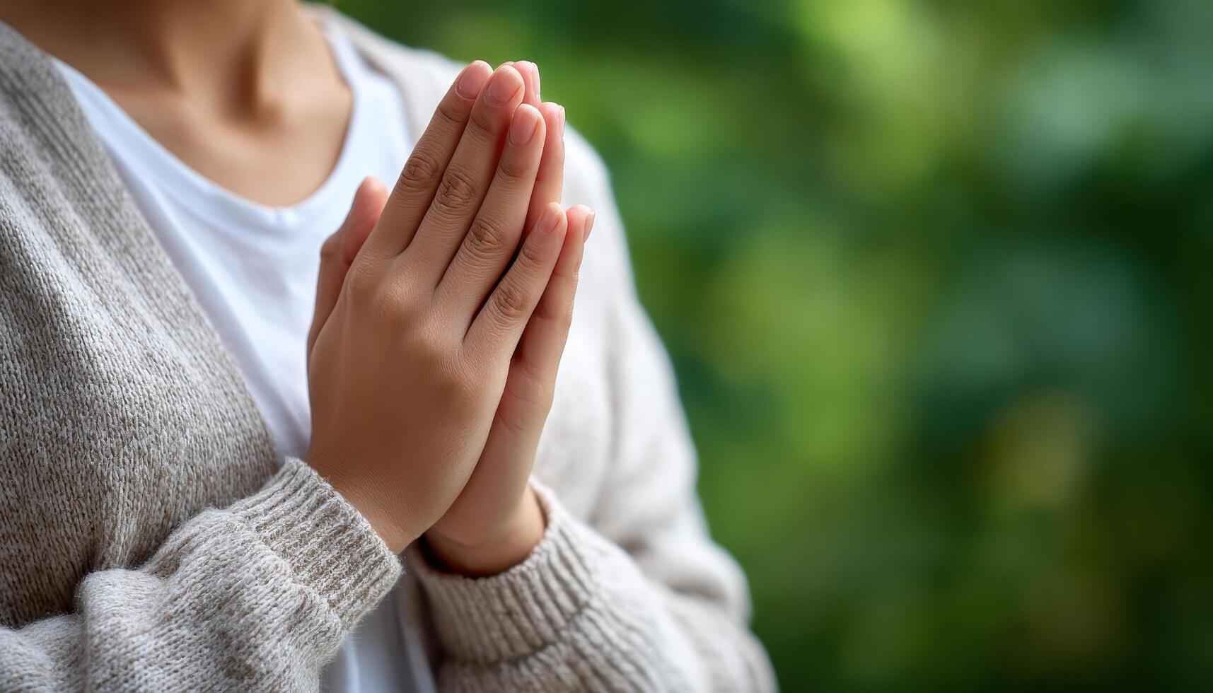 Hands in prayer pose soft natural light reflective mood outdoor setting serene environment photo