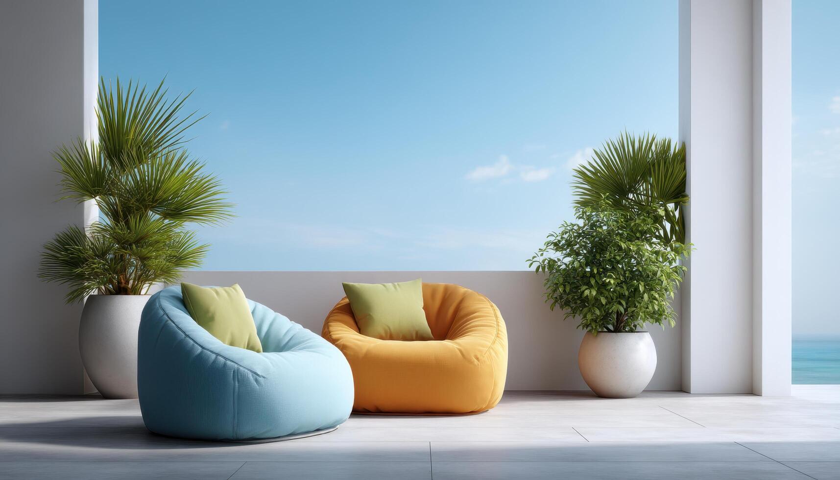 Bright minimalist terrace with cushion seating and lush plants coastal view modern design photo