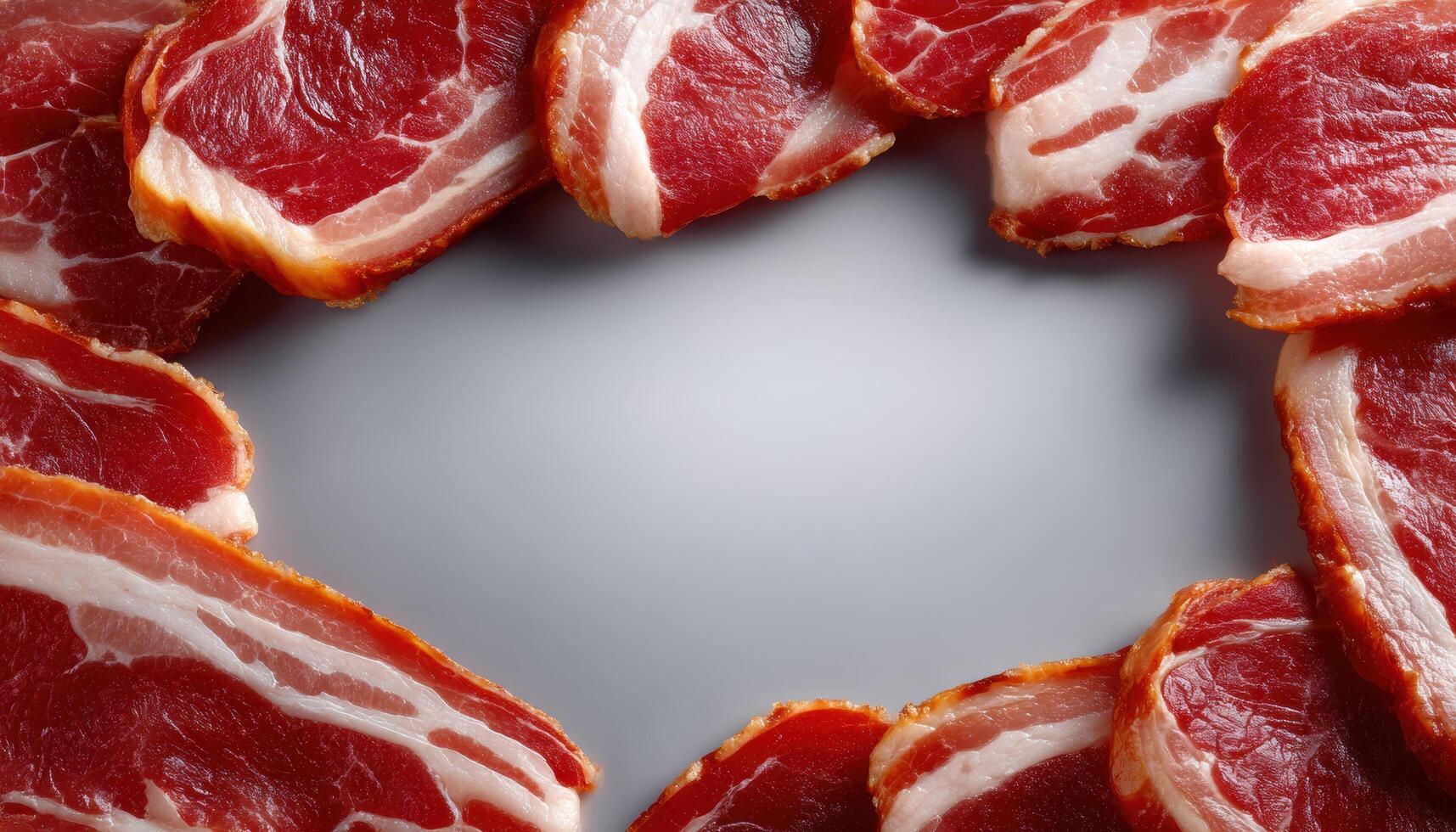 Sizzling bacon slices on clean background culinary art high fidelity minimalist view photo