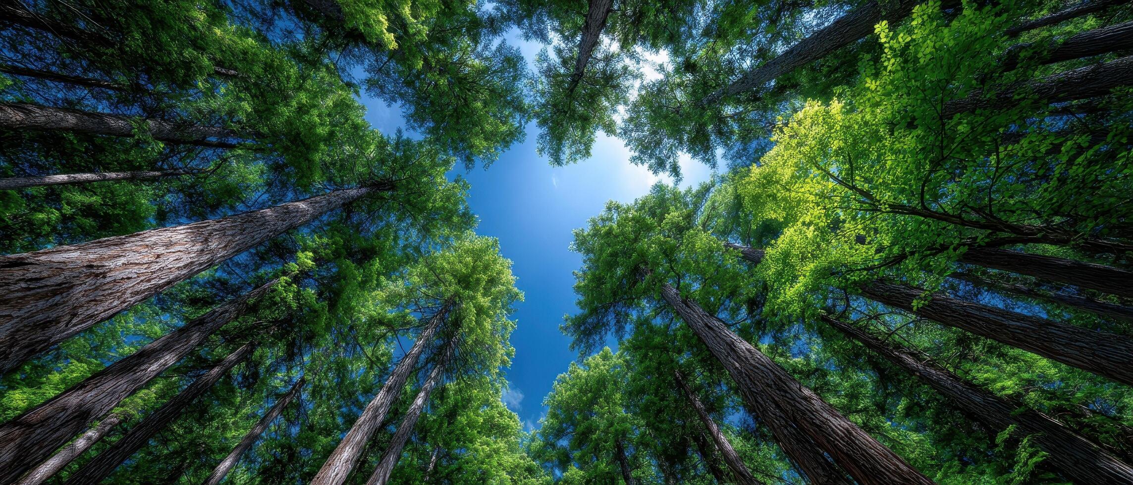 Sunlight filtering through forest canopy nature scene calm environment upward view photo