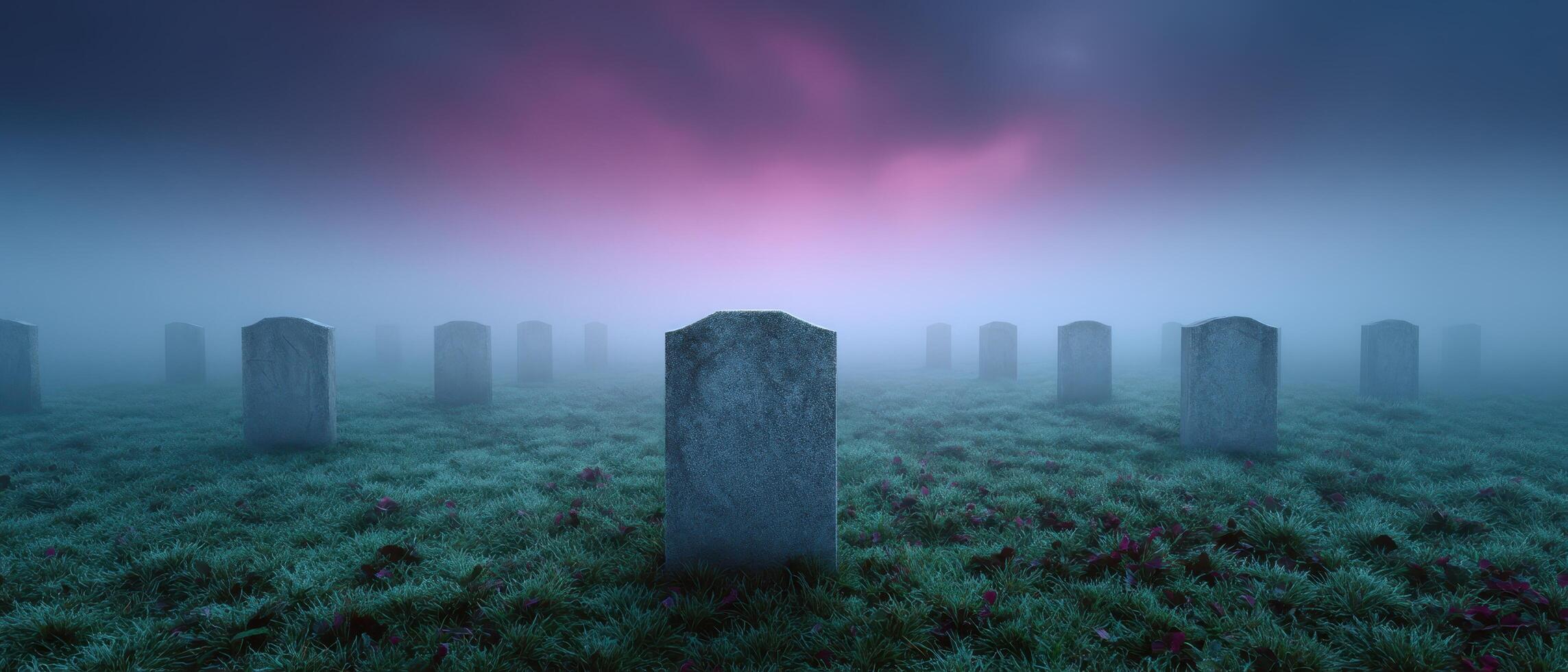 Mysterious foggy cemetery tranquil atmosphere photography ethereal setting wide-angle view photo