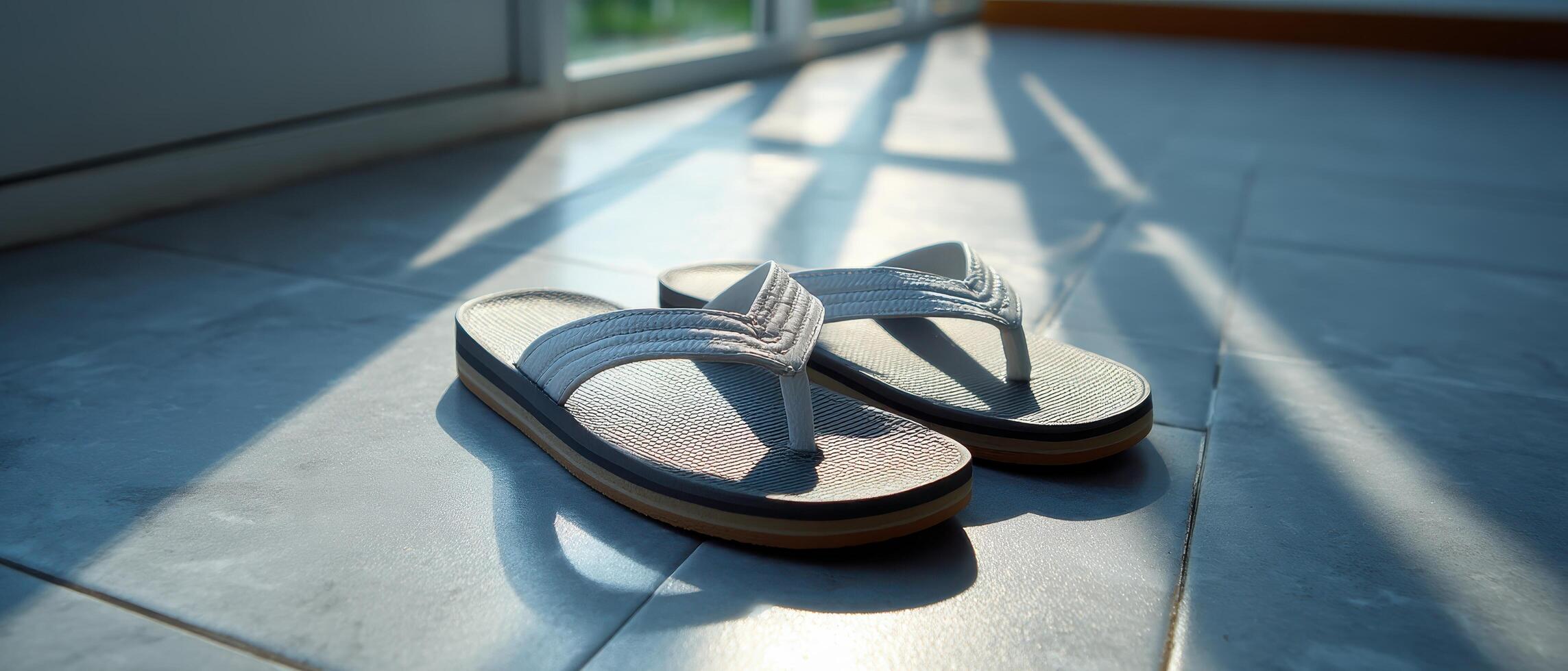 Relaxing morning scene sandals on clean tile floor indoor setting natural light photo