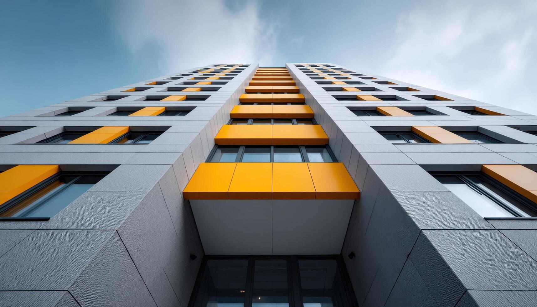 Modern house facade with geometric patterns morning light urban environment low angle view photo