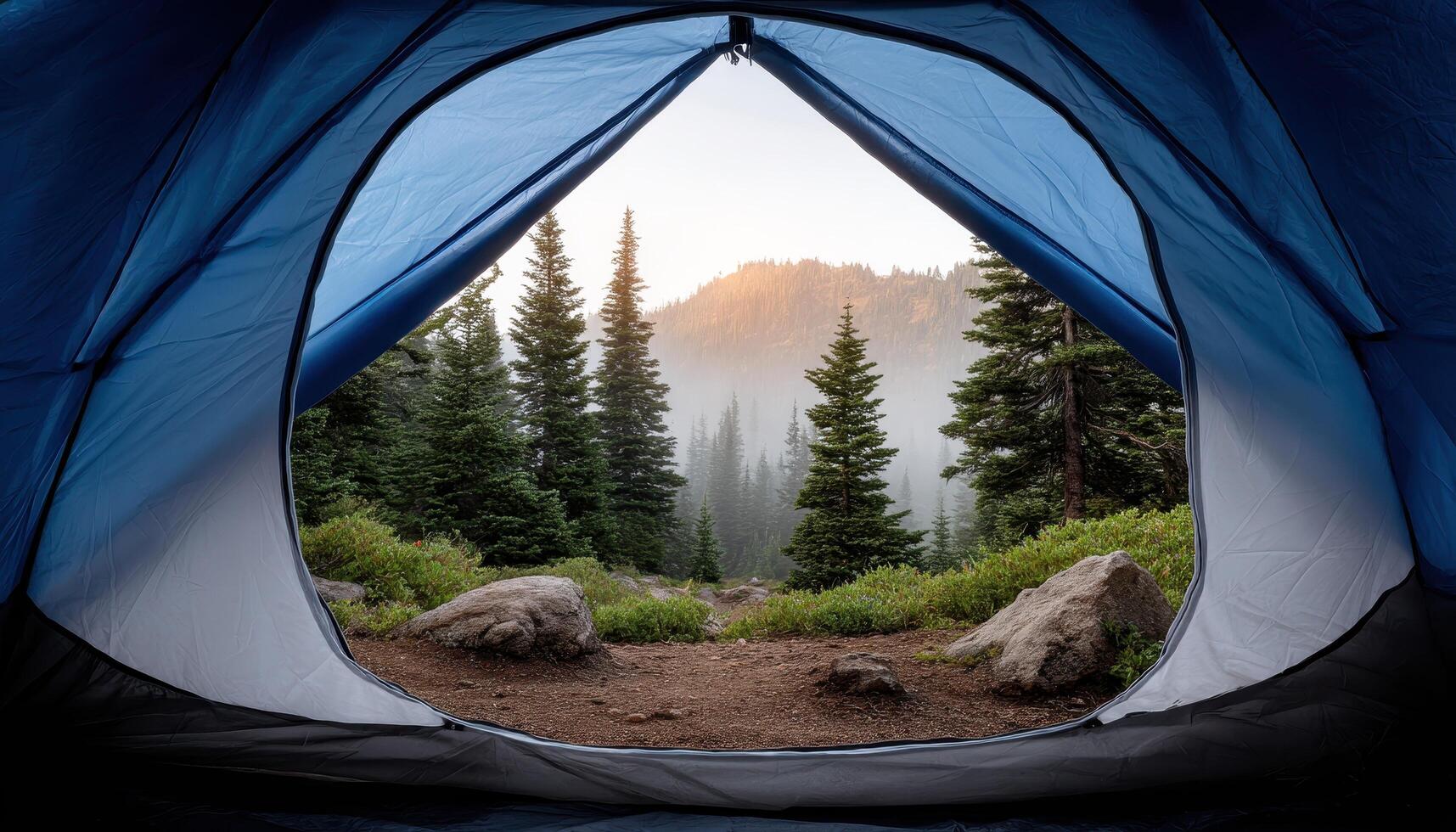 Peaceful dawn mountain view from inside tent nature exploration outdoor adventure photo