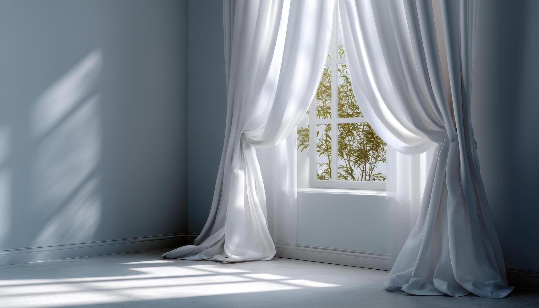 Soft curtain blowing in breeze minimalist interior serene atmosphere natural light photo