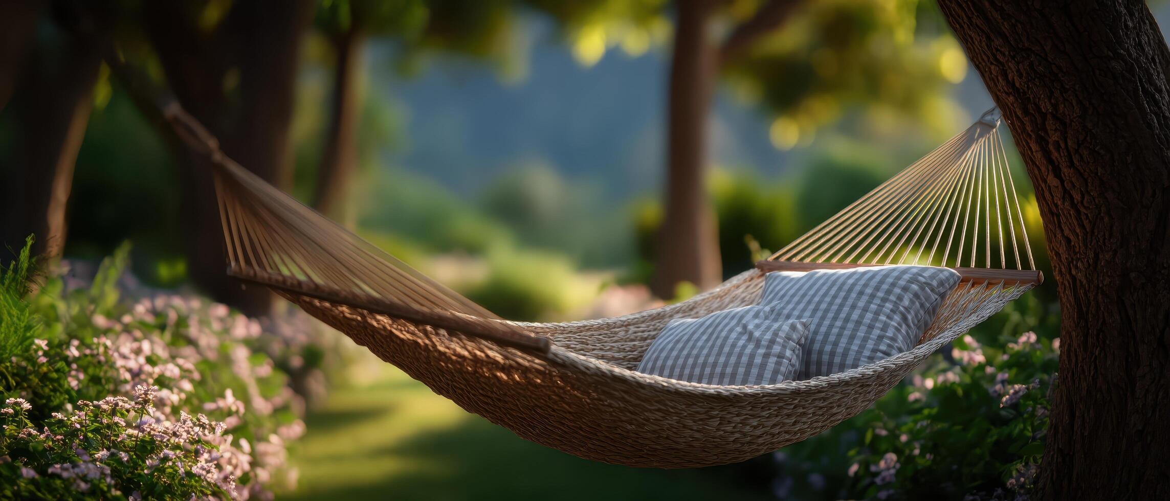 Relaxing summer hammock in backyard oasis surrounded by trees and soft light photo