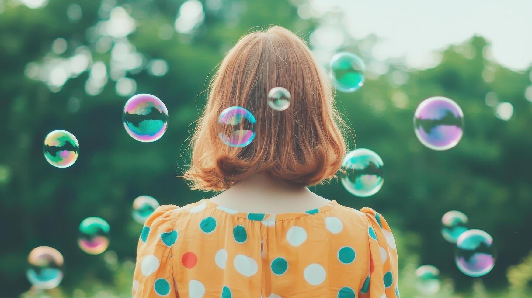 Girl playing with soap bubbles in garden nature scene outdoor play cheerful environment photo