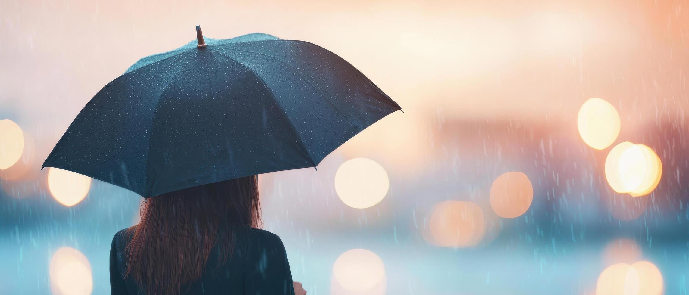 Woman holding umbrella in rain cityscape photography evening backlit bokeh effect photo