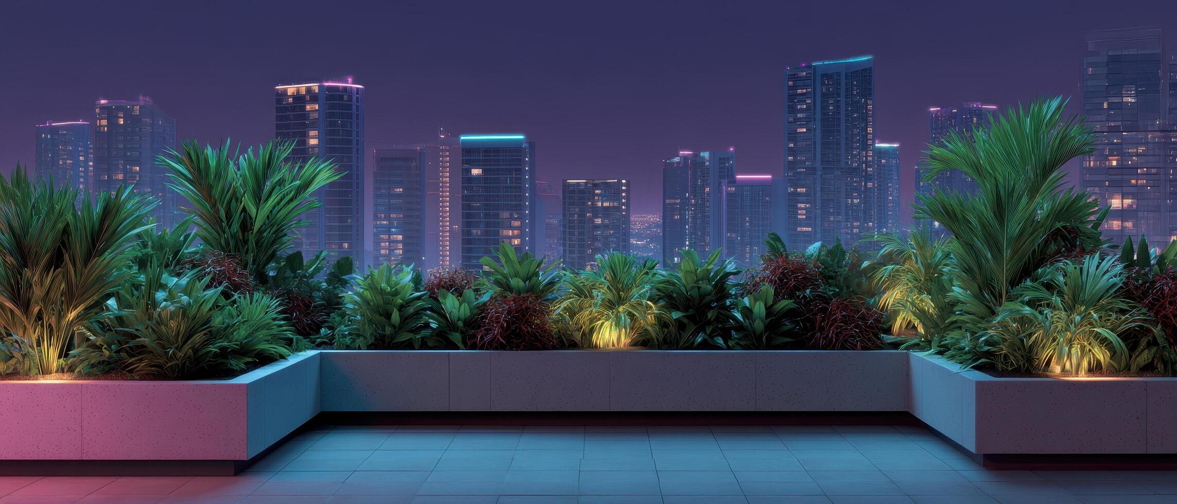 Night view of urban jungle rooftop planters with futuristic design city skyline photo