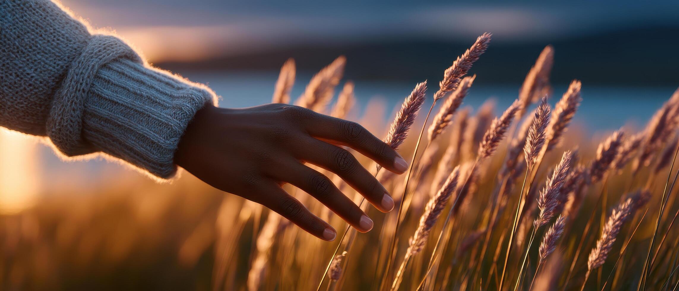 Hand grasping tall summer grass in a golden field at sunset nature scenic environment photo