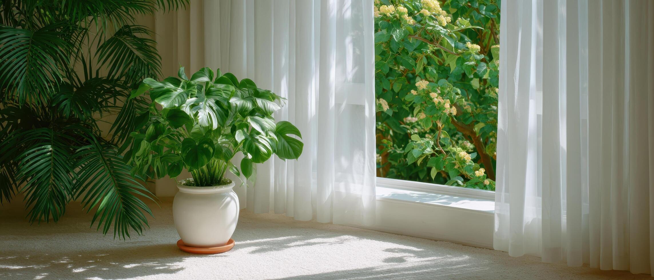 Gentle breeze moving white curtains with green potted plants in a bright room photo