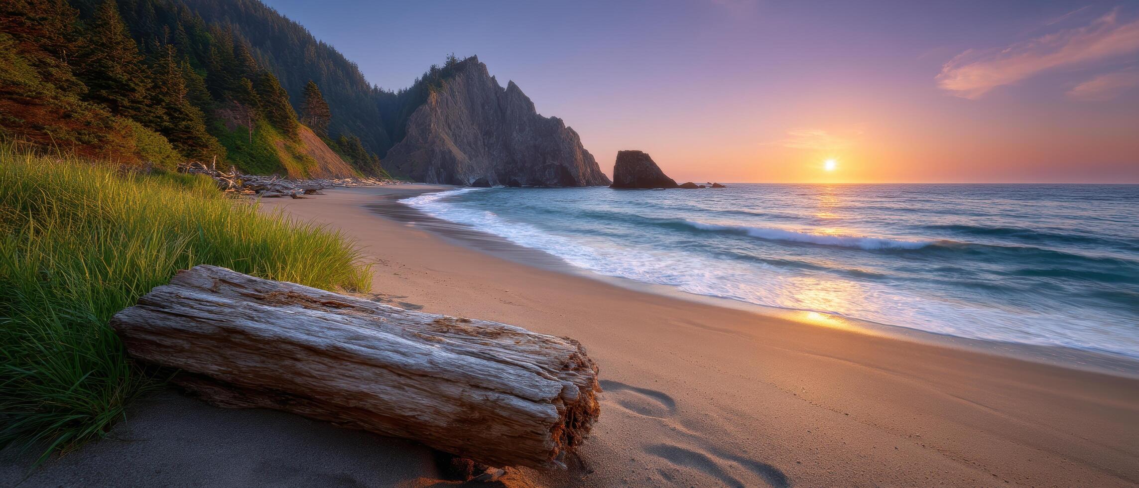 Warm sunset over serene beach with driftwood coastal landscape tranquil evening view photo