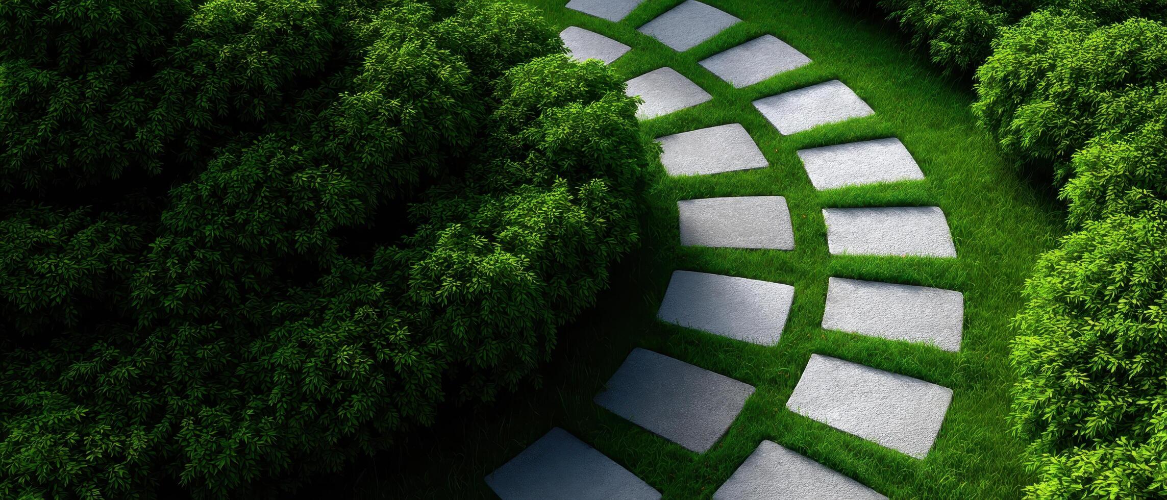 Circular stepping stones in lush grass aerial view serene garden pathway nature scene photo