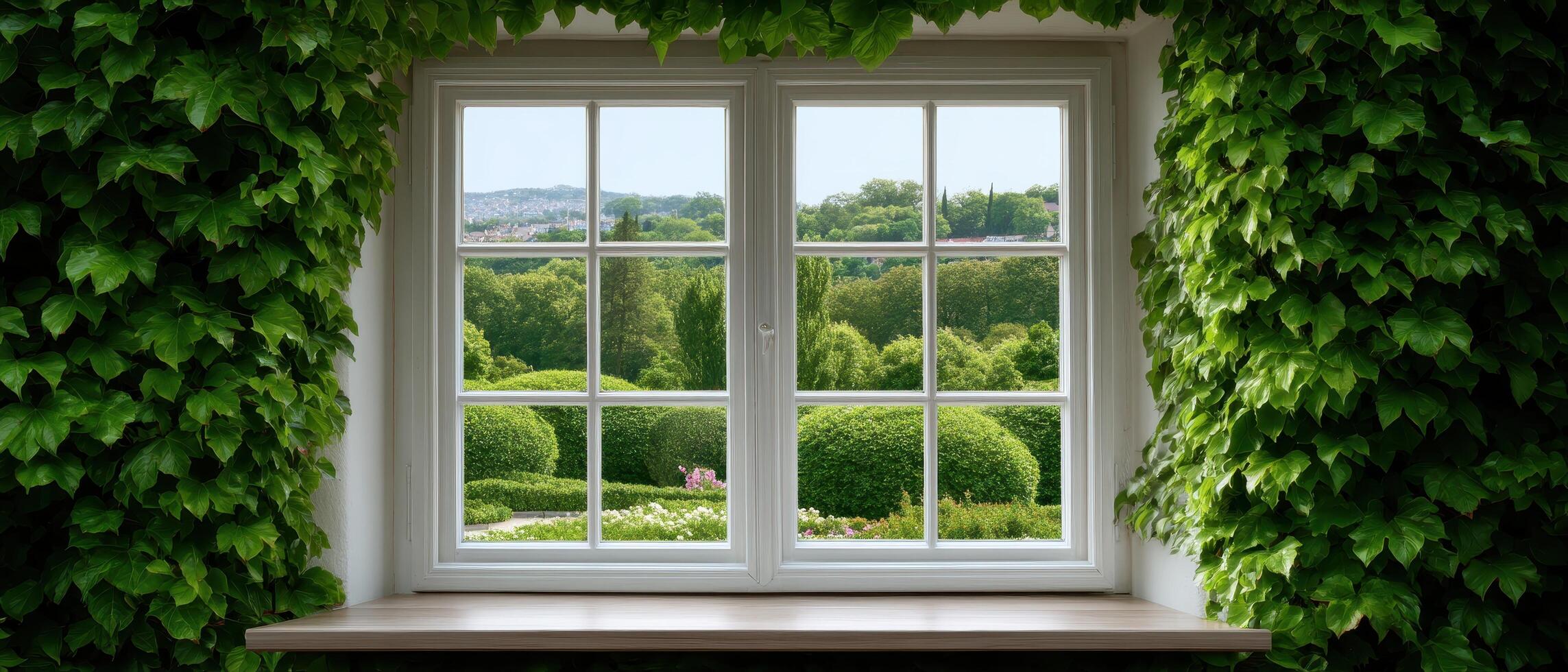 Ivy-covered window frame view from inside lush greenery home interior tranquil setting photo