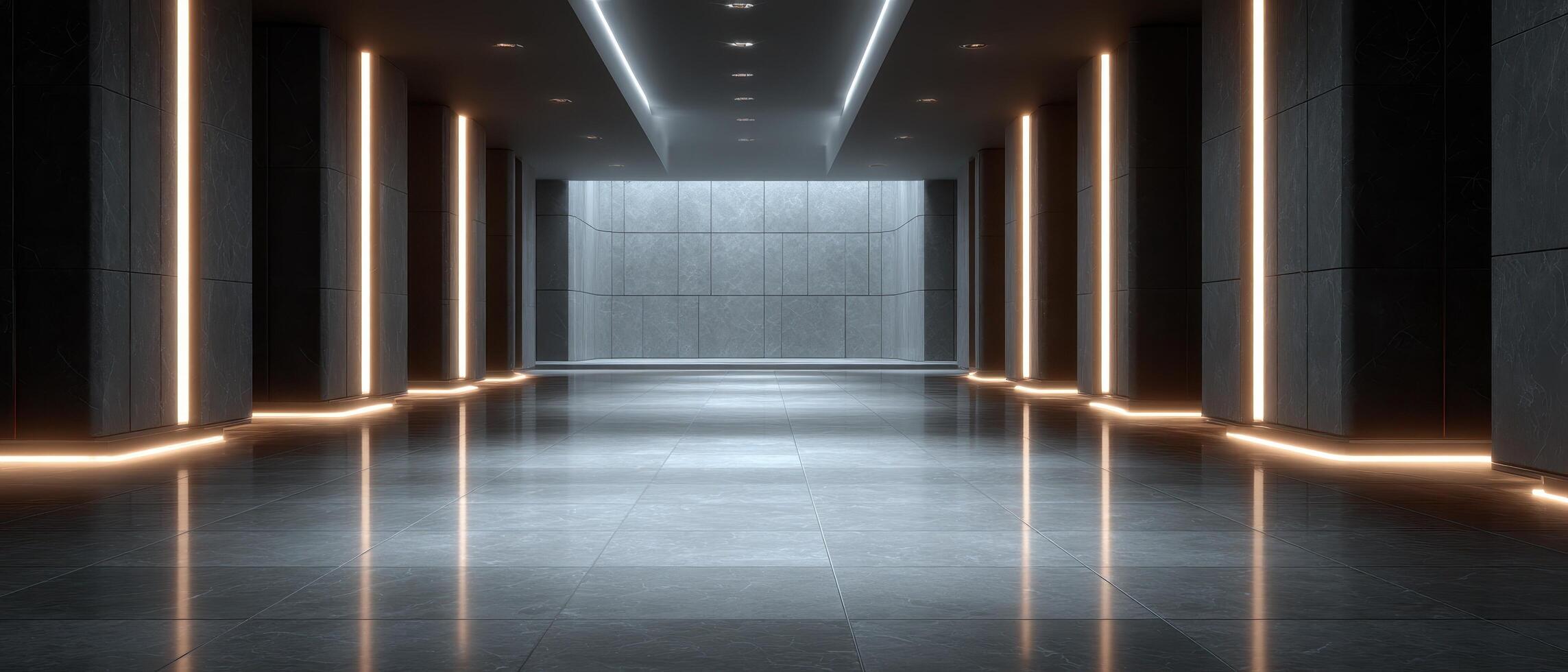 High-tech metallic corridor with vertical lighting modern building interior design futuristic style photo