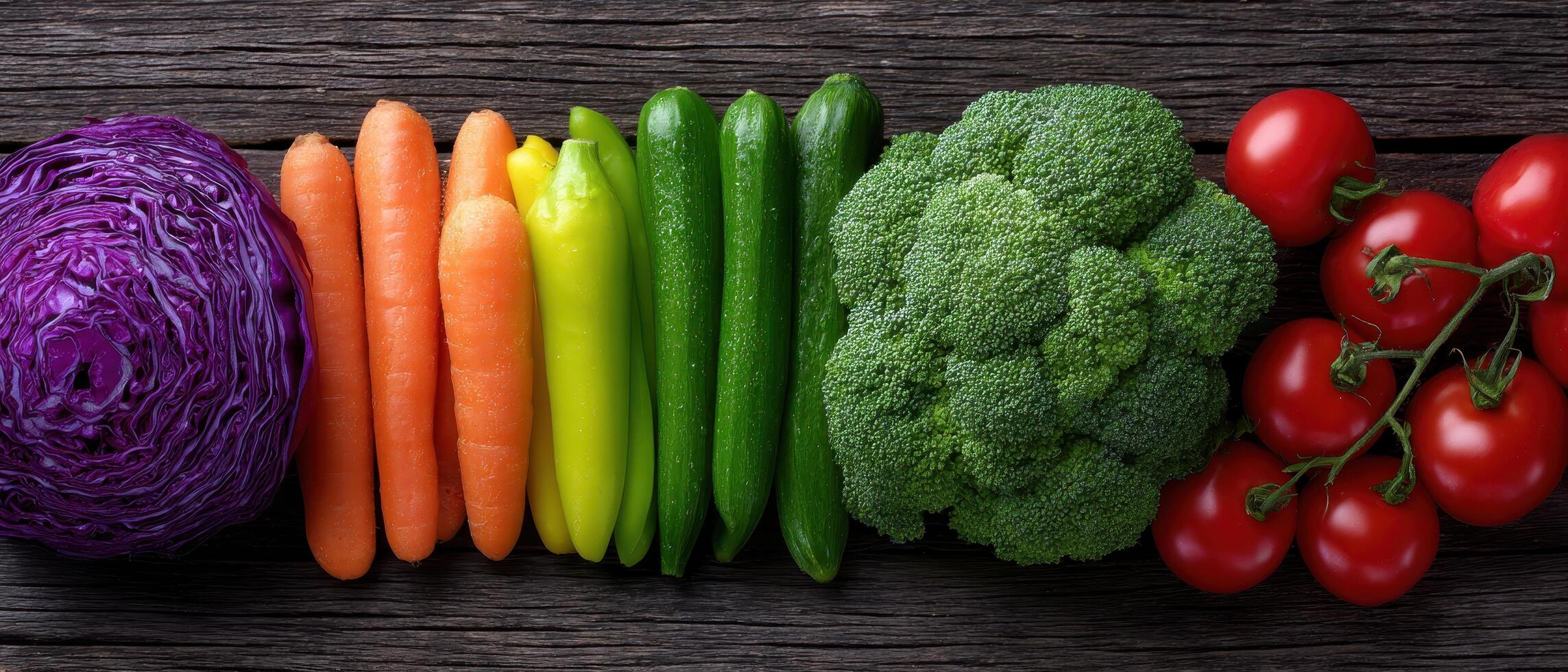 Colorful raw vegetables displayed in rainbow gradient on wooden surface natural setting photo