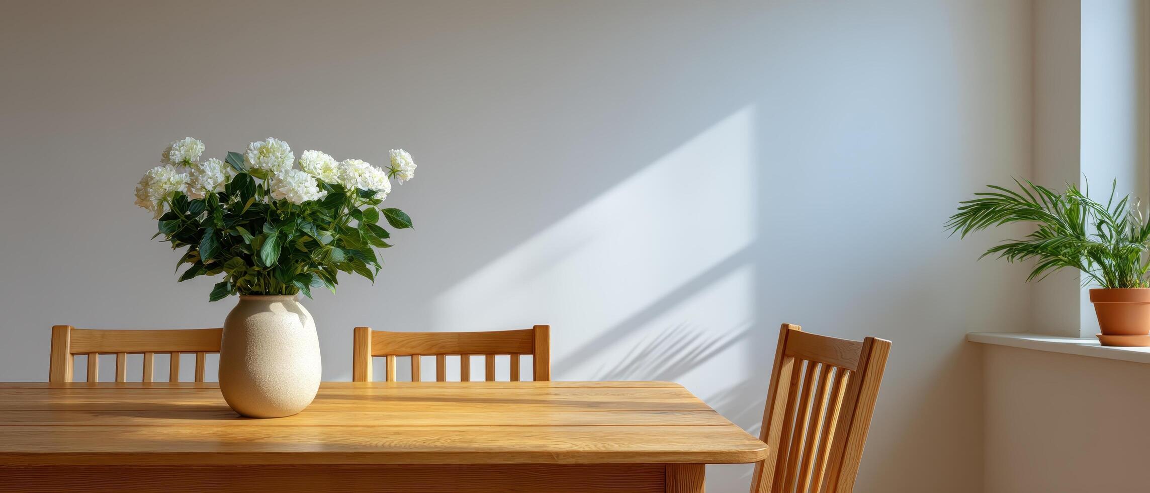 Minimal dining space with wooden table and white walls in bright room modern aesthetic photo