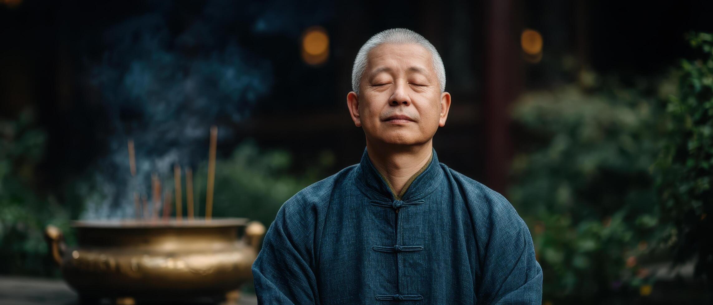 Meditative man practicing mindfulness outdoors incense burning calm environment serene viewpoint photo
