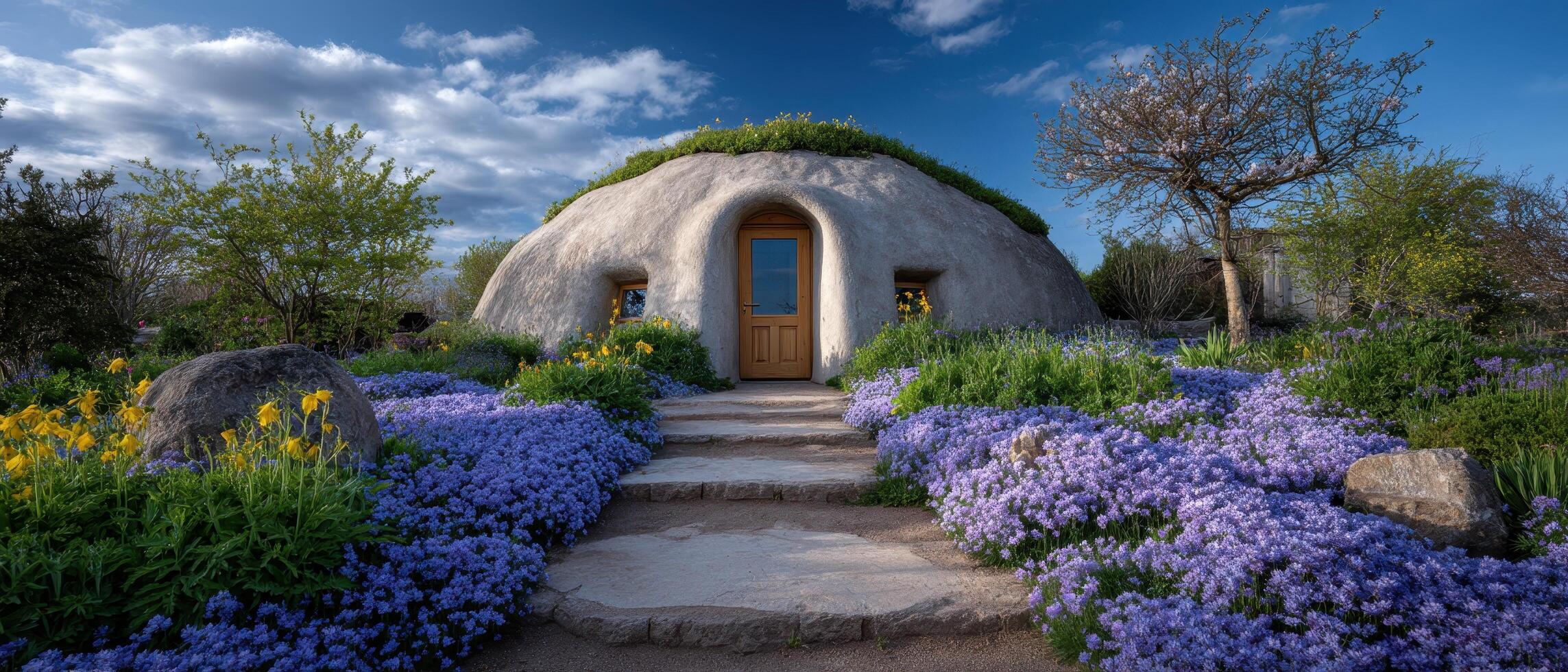 Springtime domeshaped earth house surrounded by colorful flowers nature scene tranquil environment photo