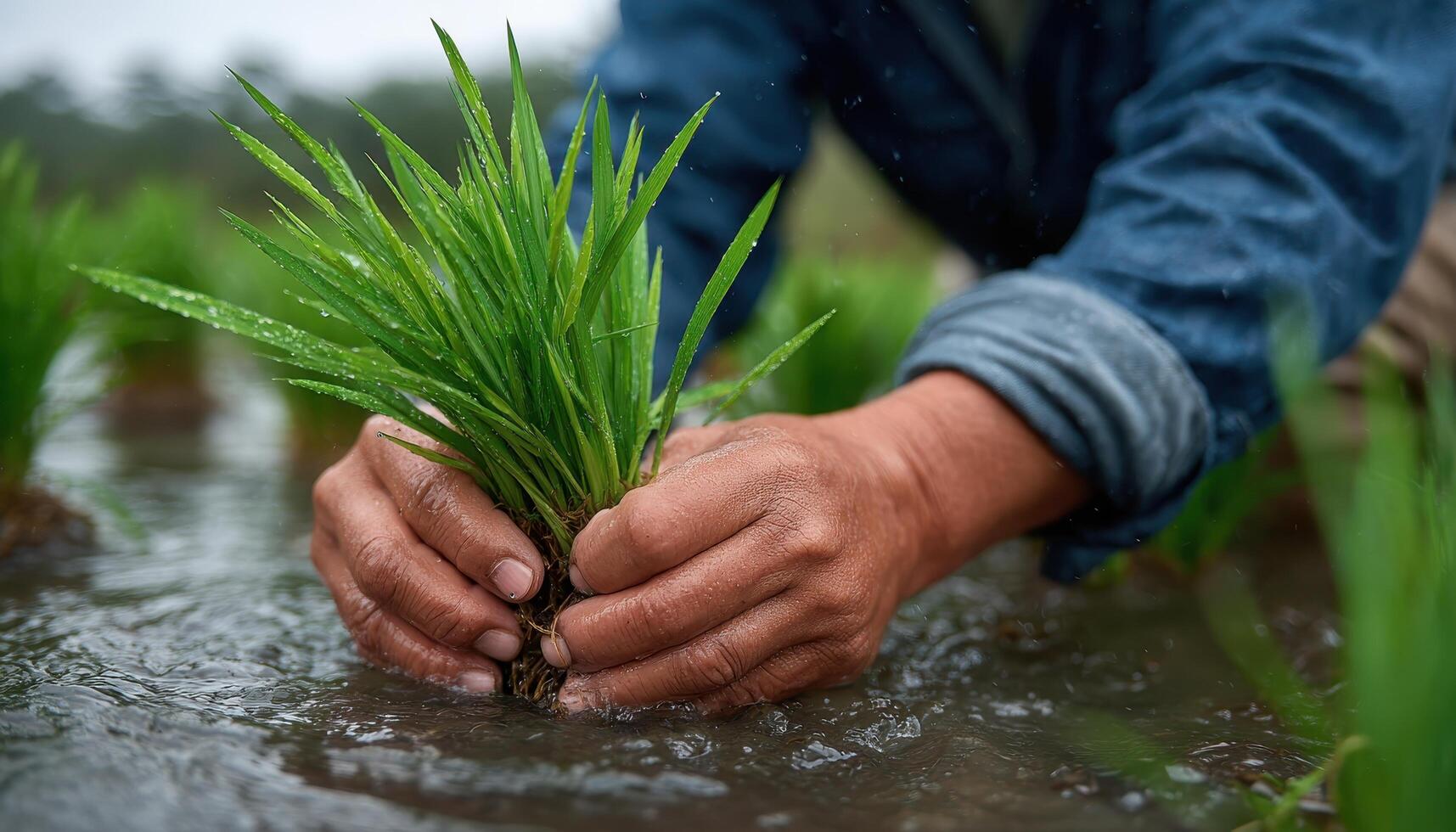 Villager planting rice in muddy field agriculture scene closeup view rural setting photo