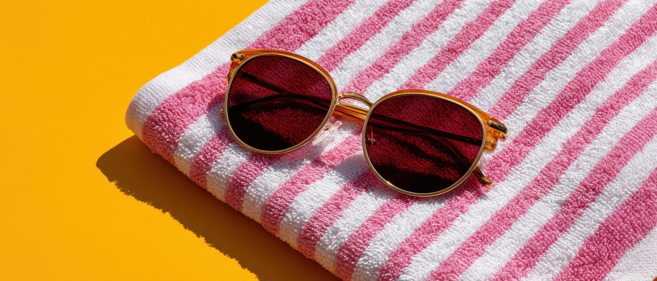 Relaxing day at the beach sunglasses and towel under warm sunlight minimalist vibe photo