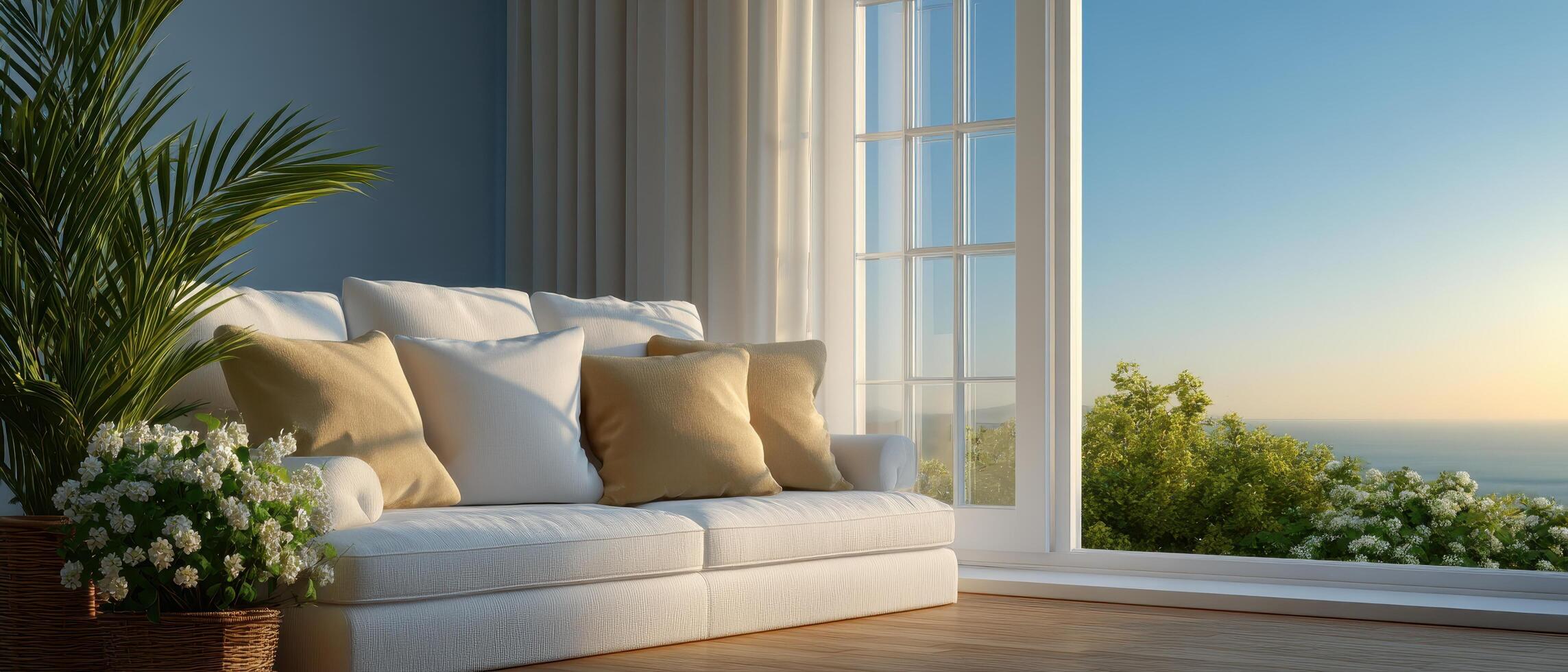 Cozy living room with sunlight and fresh air modern home interior design tranquil environment photo