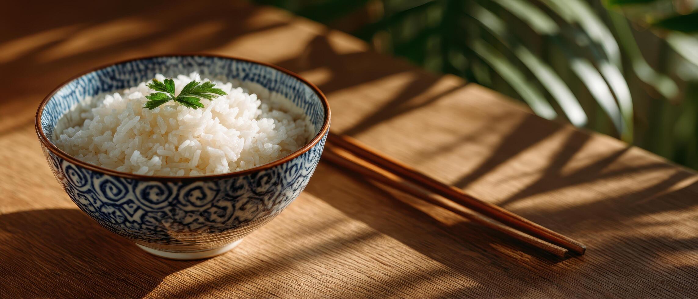 Sunlit bowl of rice with chopsticks on kitchen counter warm home environment photo