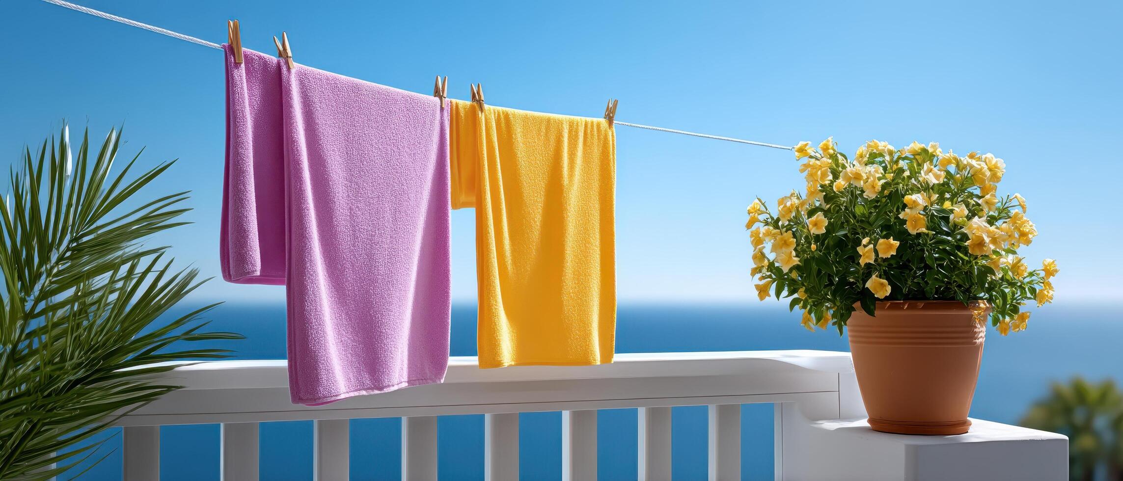 Laundry drying outdoors in sunlight and wind coastal balcony vibrant colors scenic view photo
