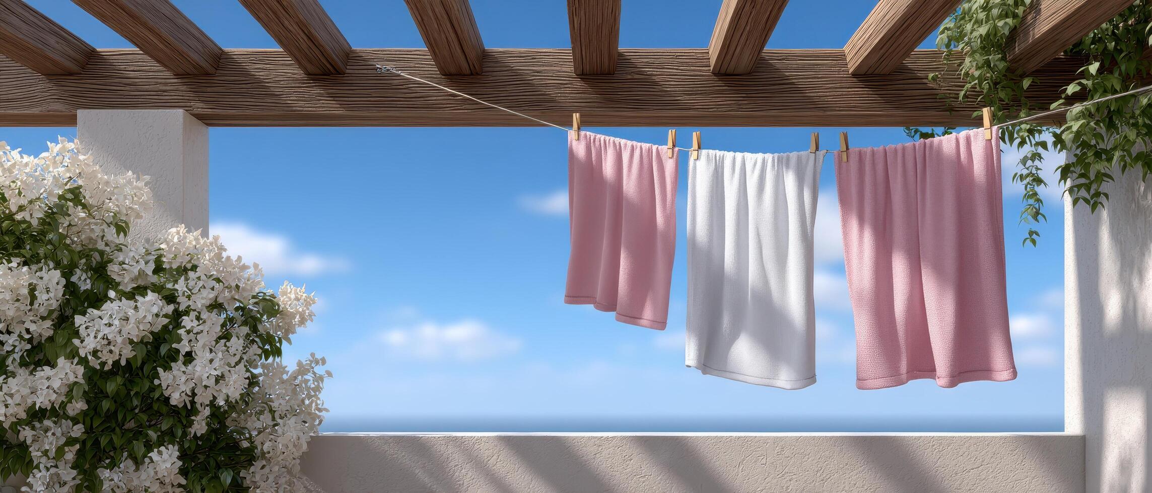 Sunlit laundry billowing in the wind outdoor terrace scenic view tranquil environment photo