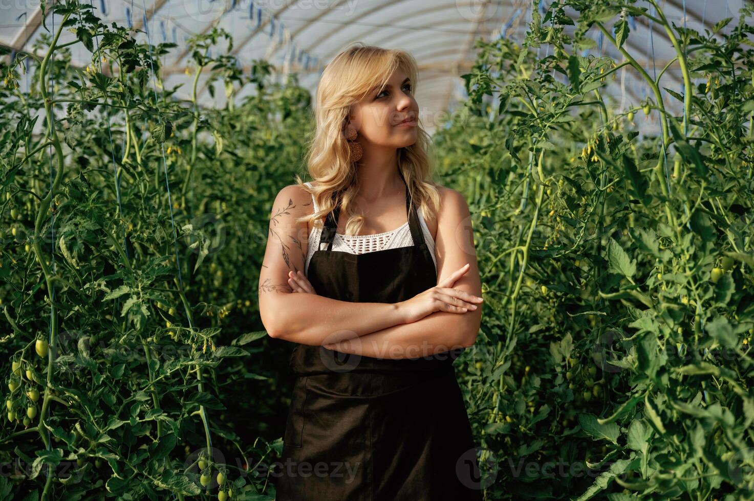 Standing ,with arms crossed. Beautiful woman is in the greenhouse photo