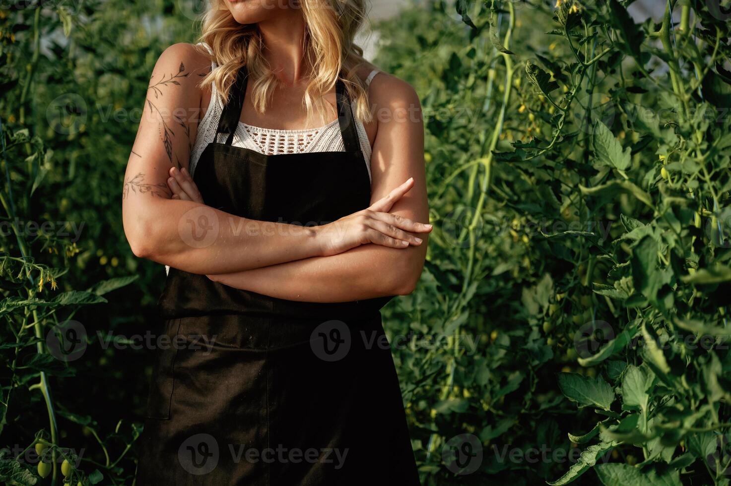Standing with arms crossed. ..,Beautiful woman is in the greenhouse photo