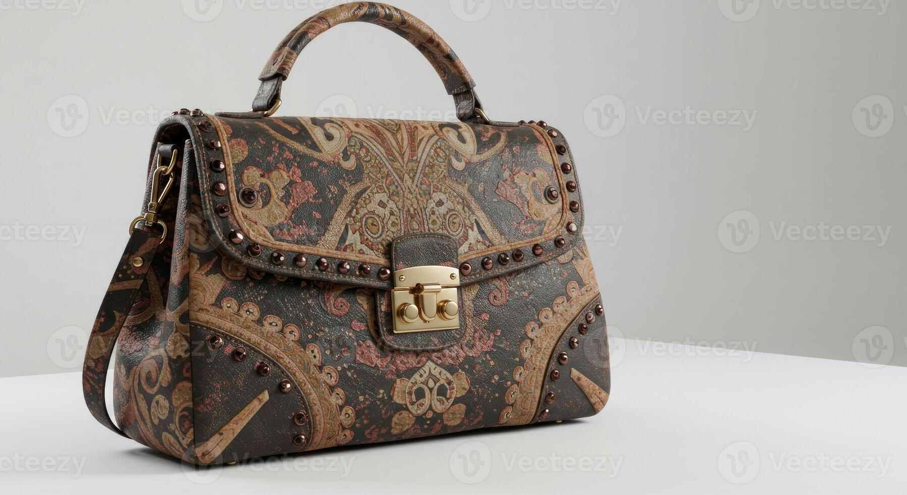 Elaborate patterned handbag with accents resting on a seamless backdrop photo