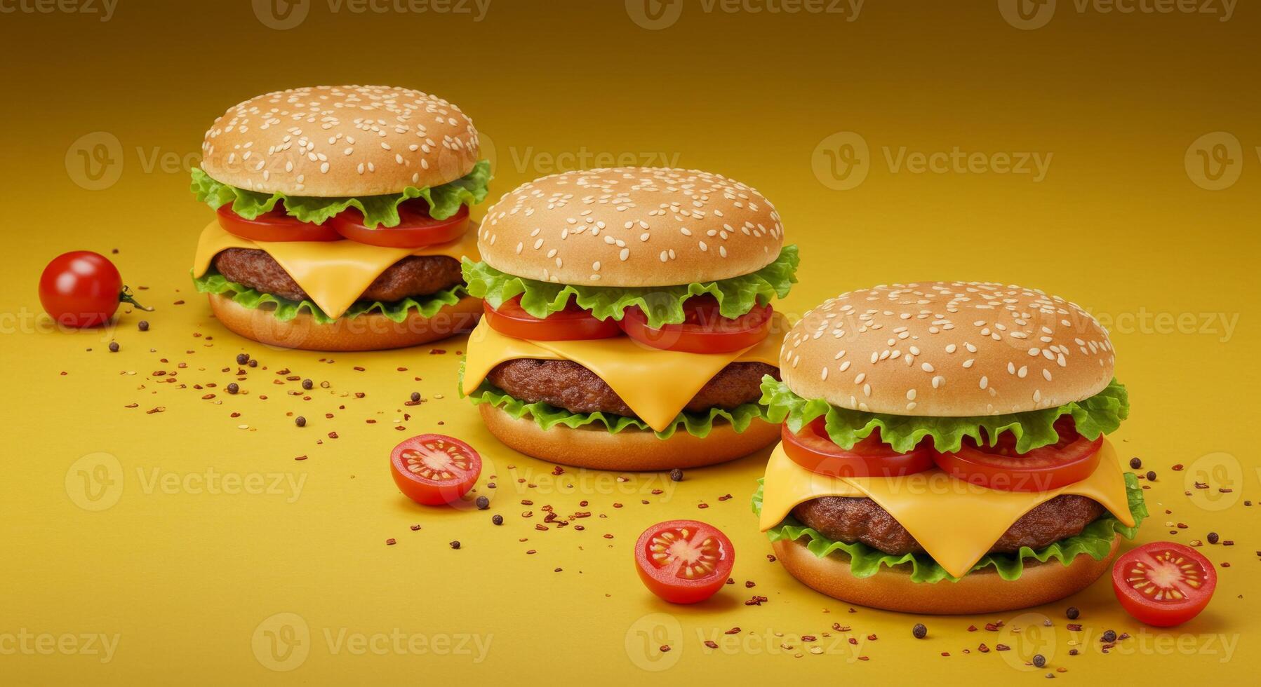 Three Classic Cheeseburgers Displayed on a Solid Yellow Color Background photo