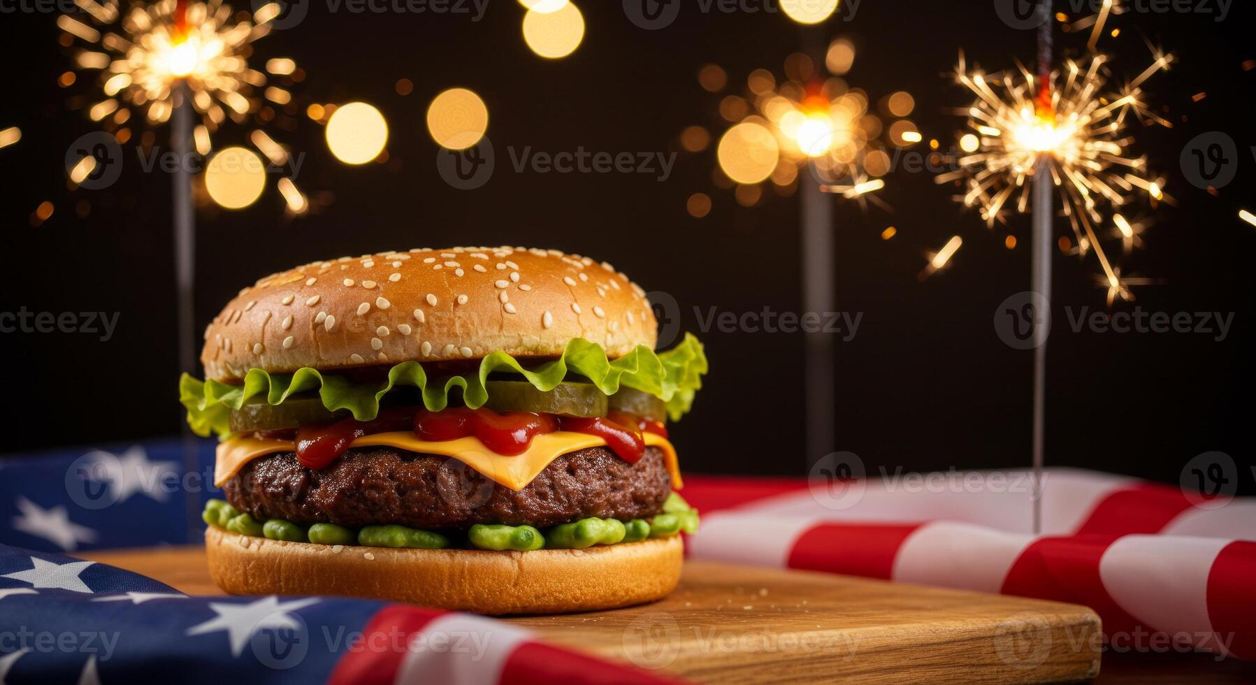 Festive burger creation presented with sparklers and american flag backdrop photo