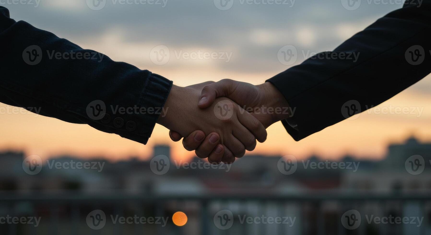 Collaborative partnership handshake, success in teamwork and unity at sunset photo