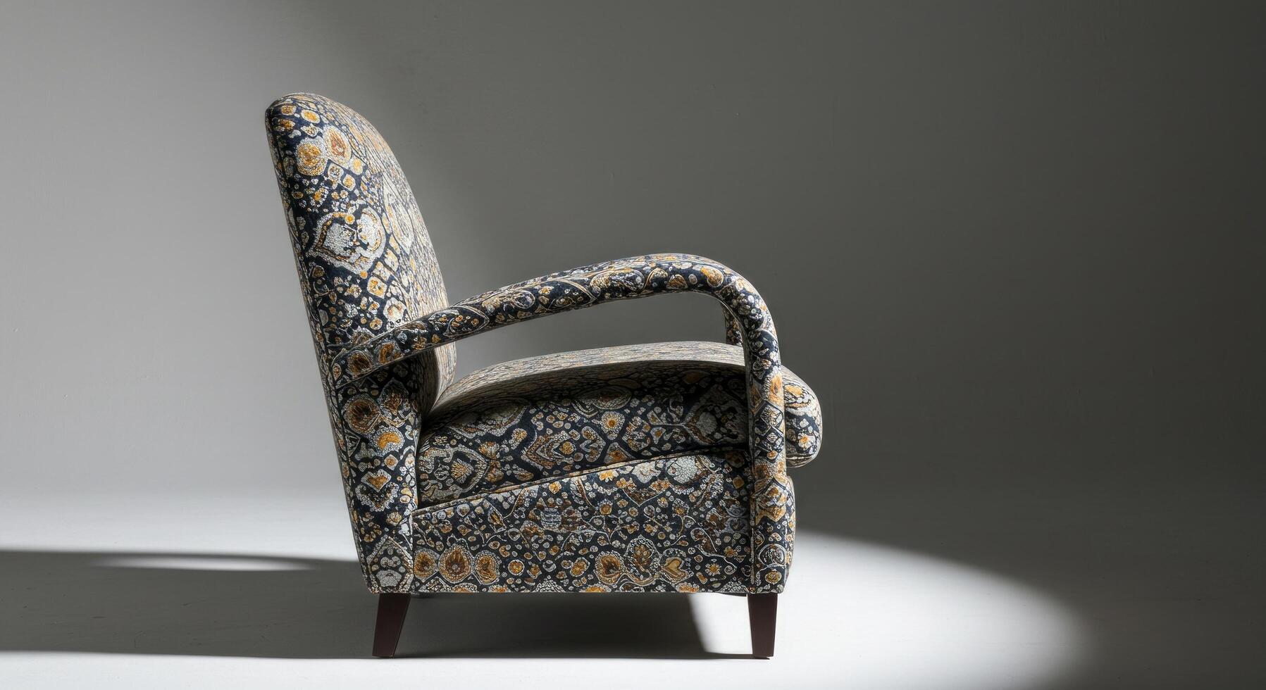 Art Deco Armchair with Intricate Pattern Fabric on Minimal Background photo
