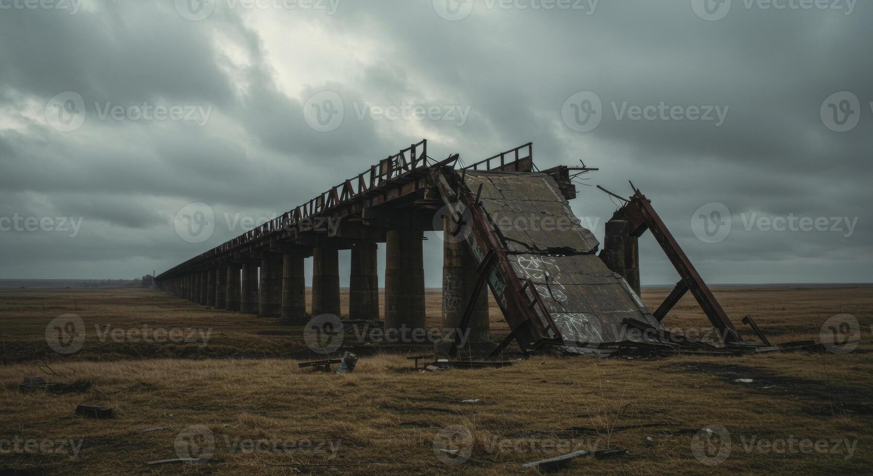 Dilapidated Railway Bridge under Ominous Sky in Remote Rural Landscape photo
