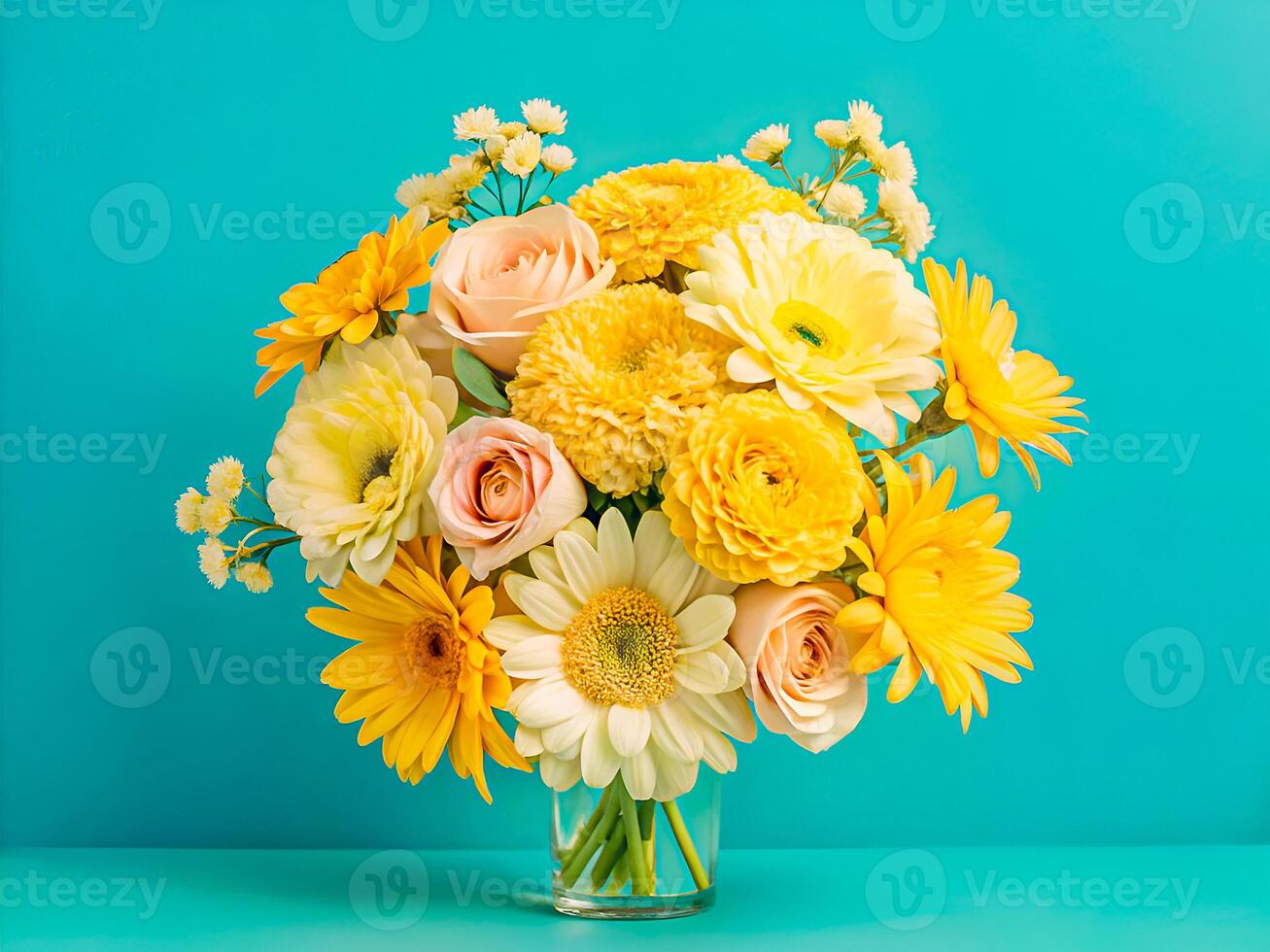 A vase of yellow flowers sits on a blue table photo