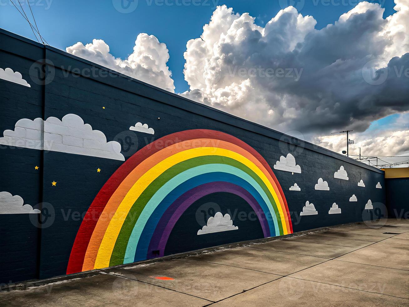 Vibrant Rainbow Mural Against Moody Cloudy Sky photo