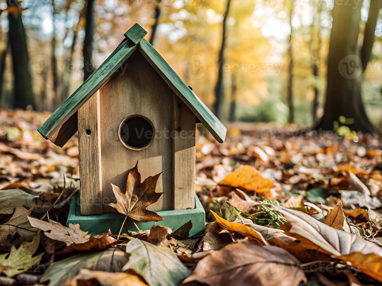Cozy Wooden Birdhouse in Autumn's Embrace photo